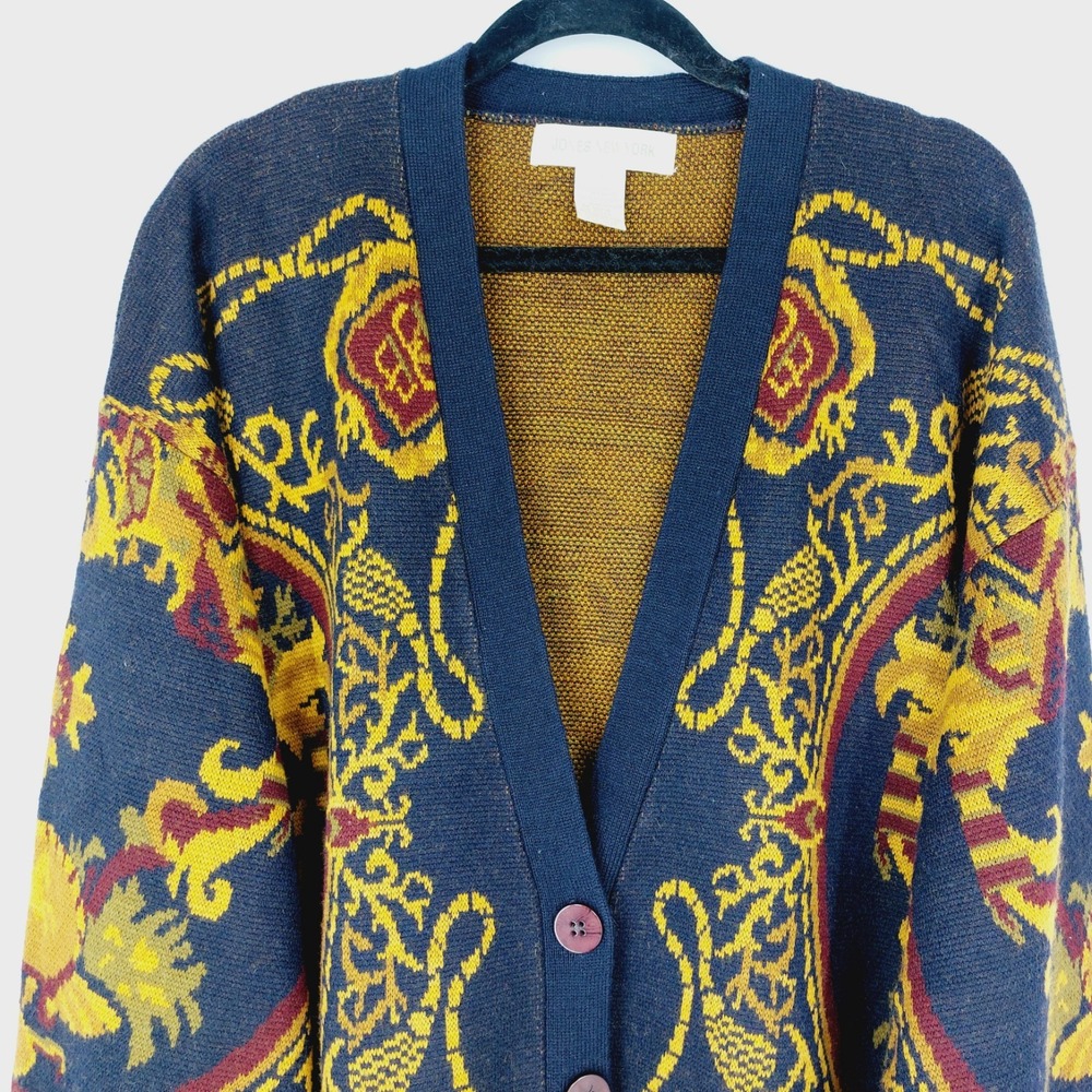 Vintage Jones New York Cartigan Sweater Size L Navy Gold Lambswool Button Front - Picture 2 of 6